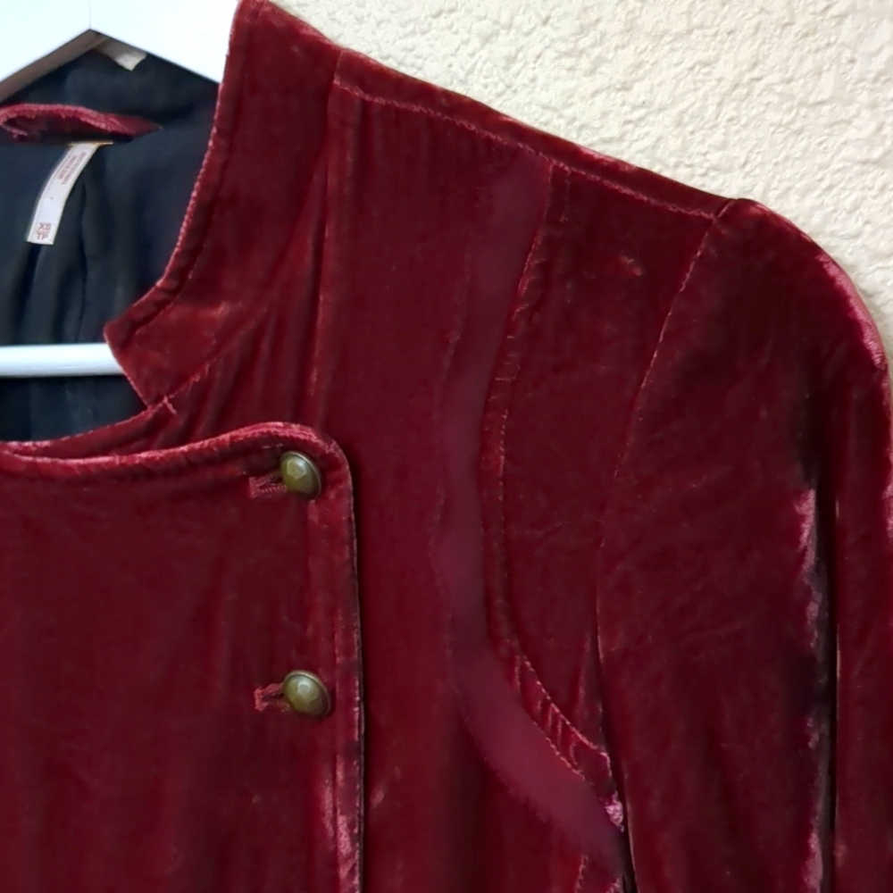 Free People Drippy Crushed Burnout Velvet Military Jacket Blazer Burgundy XS - Picture 9 of 16